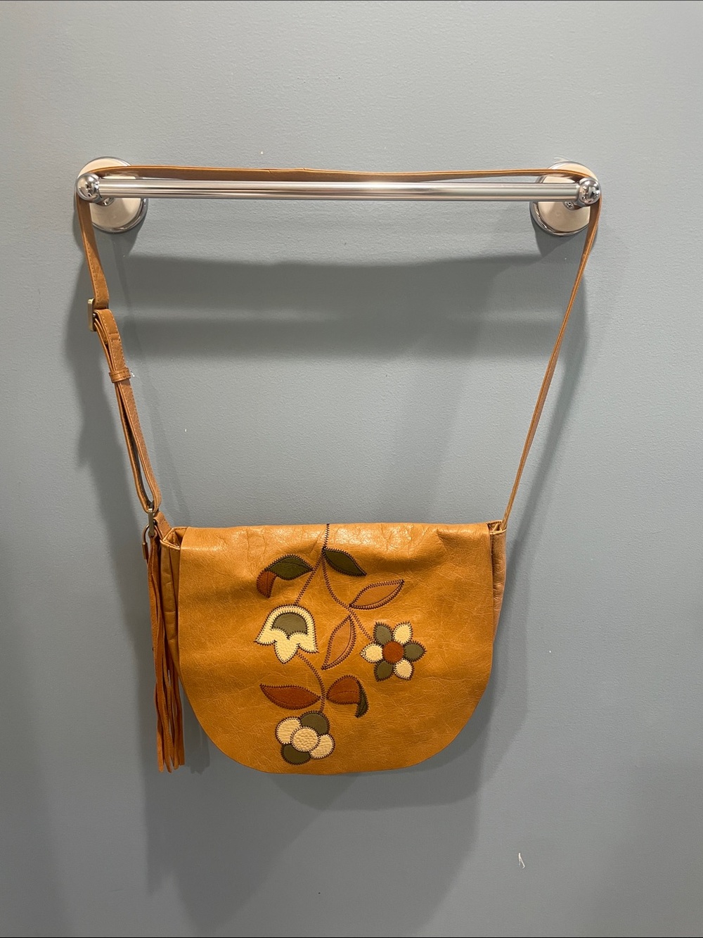HOBO Tan Floral Appliqué Crossbody Purse with Tassel - Picture 4 of 7